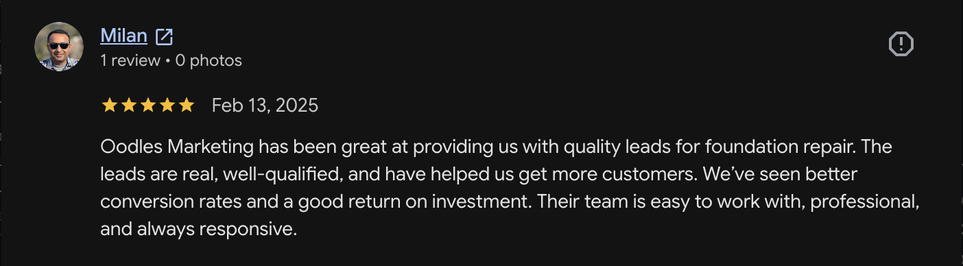 Google review screenshot from a contractor about quality foundation repair leads and better conversion rates