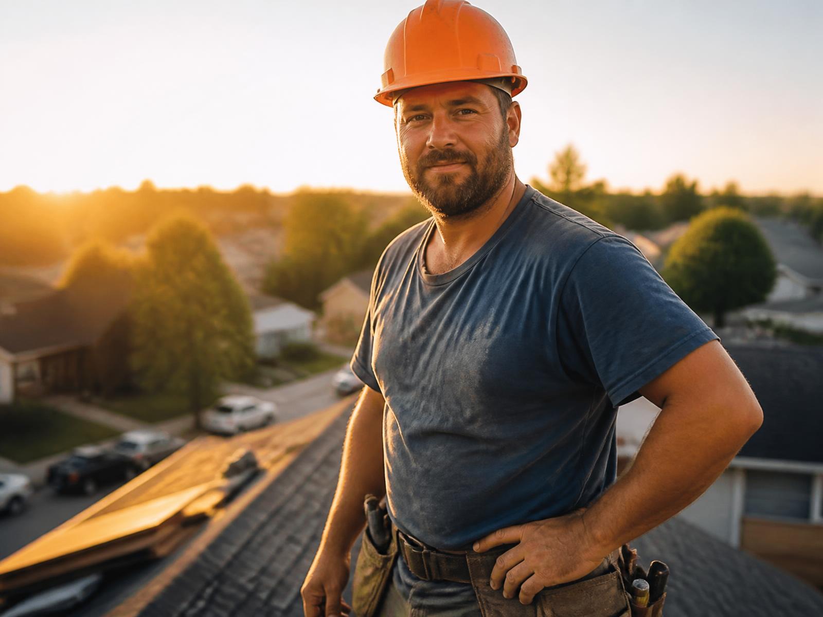 Roofing contractor on a residential roof at golden hour